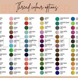 May include: A chart of 75 different thread colors with their corresponding names and numbers. The colors are arranged in rows and columns, and each color is represented by a small circle.
