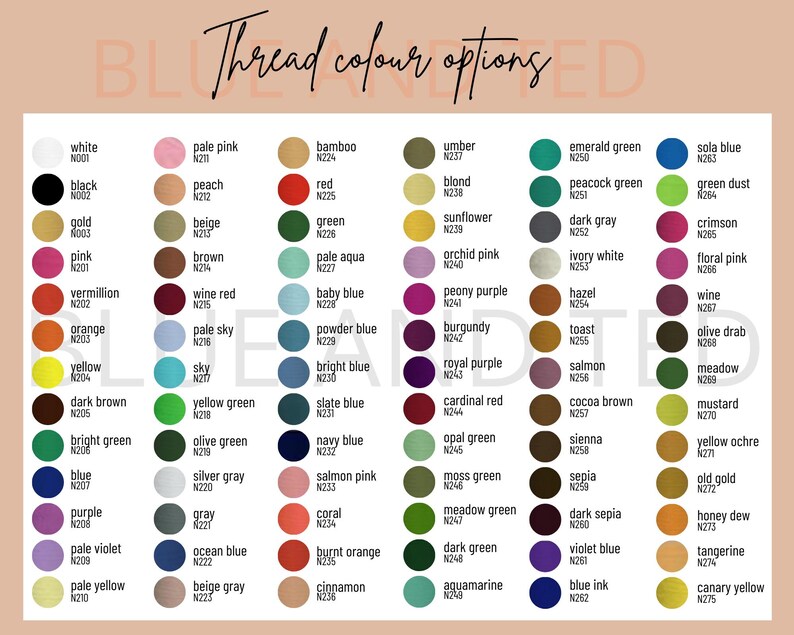 May include: A chart of 75 different thread colors with their corresponding names and numbers. The colors are arranged in rows and columns, and each color is represented by a small circle.