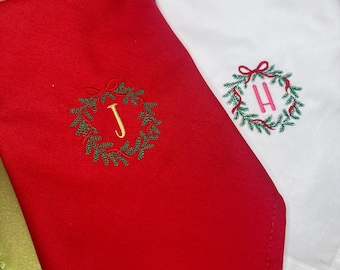 Custom personalised wreath with initial embroidered table Christmas napkins