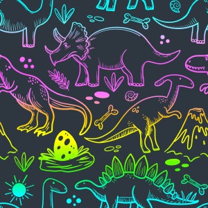 Dino Doodle, Regenbogen, Dinosaurier, nahtloses Muster, Oberflächenmuster, nicht exclusive, digitale Datei, Stoffdesign