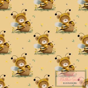 Honey bear, teddy, bear, watercolour, seamless pattern, surface pattern, non exclusive, digital file, fabric design