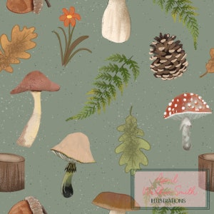 May include: A seamless pattern featuring various woodland elements, including mushrooms, acorns, pine cones, leaves, and ferns. The background is a muted green with a speckled texture. The pattern is perfect for use in crafting, scrapbooking, and other creative projects.