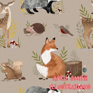 woodland, forest  seamless pattern, surface pattern, non exclusive, digital file, fabric design ,foxes