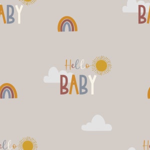 May include: A seamless pattern with a light gray background featuring a rainbow, clouds, suns, and the text "Hello Baby" in various colors.
