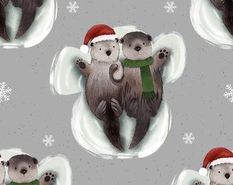 Otter sneeuwengelen, Kerstmis, otter, zeeotter naadloos patroon, oppervlaktepatroon, niet-exclusief, digitaal bestand, stofontwerp, herhaalpatroon