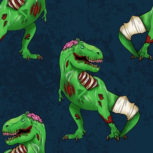 Peut inclure: Un motif sans couture représentant trois dinosaures zombies verts avec des cerveaux roses, des éclaboussures de sang rouge et des bandages sur un fond bleu foncé.