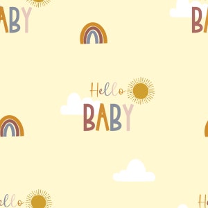 May include: A seamless pattern featuring a yellow background with rainbows, suns, and clouds. The text "Hello Baby" is written in a colorful, playful font.