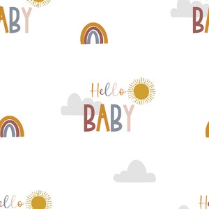 May include: A seamless pattern featuring a rainbow, sun, clouds, and the text "Hello Baby". The colors are a mix of pink, red, orange, yellow, blue, and gray.