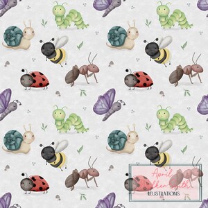 Bugs, spring, insects, watercolour, seamless pattern, surface pattern, non exclusive, digital file, fabric design