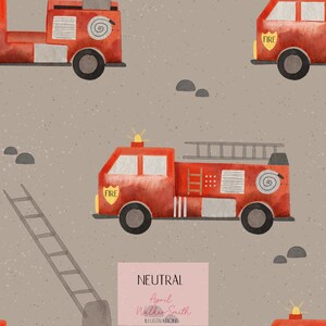 May include: A seamless pattern featuring red fire trucks with black wheels and ladders. The trucks have a yellow "FIRE" sign on the side and a white spiral hose. The background is a light brown with small white dots.