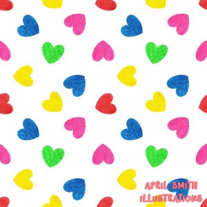 Rainbow glitter effect hearts,  seamless pattern, surface pattern, non exclusive, summer ,digital file, fabric design