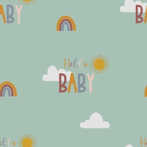 May include: A seamless pattern with a light blue background featuring a rainbow, clouds, and suns. The text "Hello Baby" is written in a colorful, handwritten font.