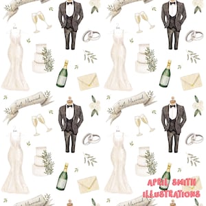May include: A watercolor seamless pattern featuring wedding-themed illustrations. The pattern includes a bride and groom, champagne flutes, wedding cake, rings, and greenery. The text "Just Married" is also included in the pattern.