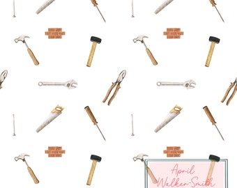 Tools, builder, watercolour, seamless pattern, surface pattern, non exclusive, digital file, fabric design