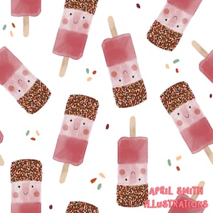 May include: A seamless pattern featuring pink and brown popsicles with sprinkles and a smiling face. The background is white with scattered brown, green, and orange dots.