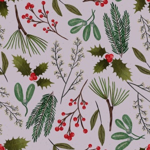 May include: A seamless pattern featuring various winter holiday botanicals, including holly, mistletoe, pine branches, and red berries on a light purple background.