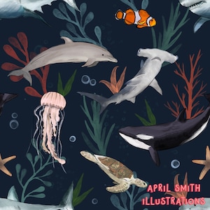 Sea life, under the sea, sea seamless pattern, surface pattern, non exclusive, summer ,digital file, fabric design