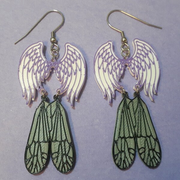 Ineffable Bureaucracy Earrings | Gabriel and Beelzebub Good Omens | Angel and Fly Wings | 3D printed charm stainless steel french hook