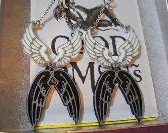 Pendientes de Maridos Inefables / Alas de Ángel y Demonio / Aziracrow Buenos Presagios / Pendientes colgantes de acero inoxidable con gancho francés y dije impreso en 3D