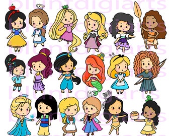 cute chibi princess clipart, planner stickers, handdrawn, party favors, chibi clipart, princess clipart