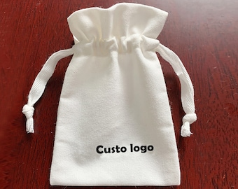 100 Custom Logo Cotton Canvas Jewelry Pouch, Personalized Wedding Favor Bag