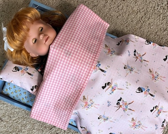 Reversible Doll Blanket and Pillow Set: 18-20" Cotton Bedding
