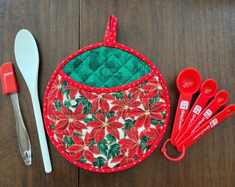 Pocket Potholder Giftset - Christmas Poinsettia Flowers - Pot Holder - Trivet