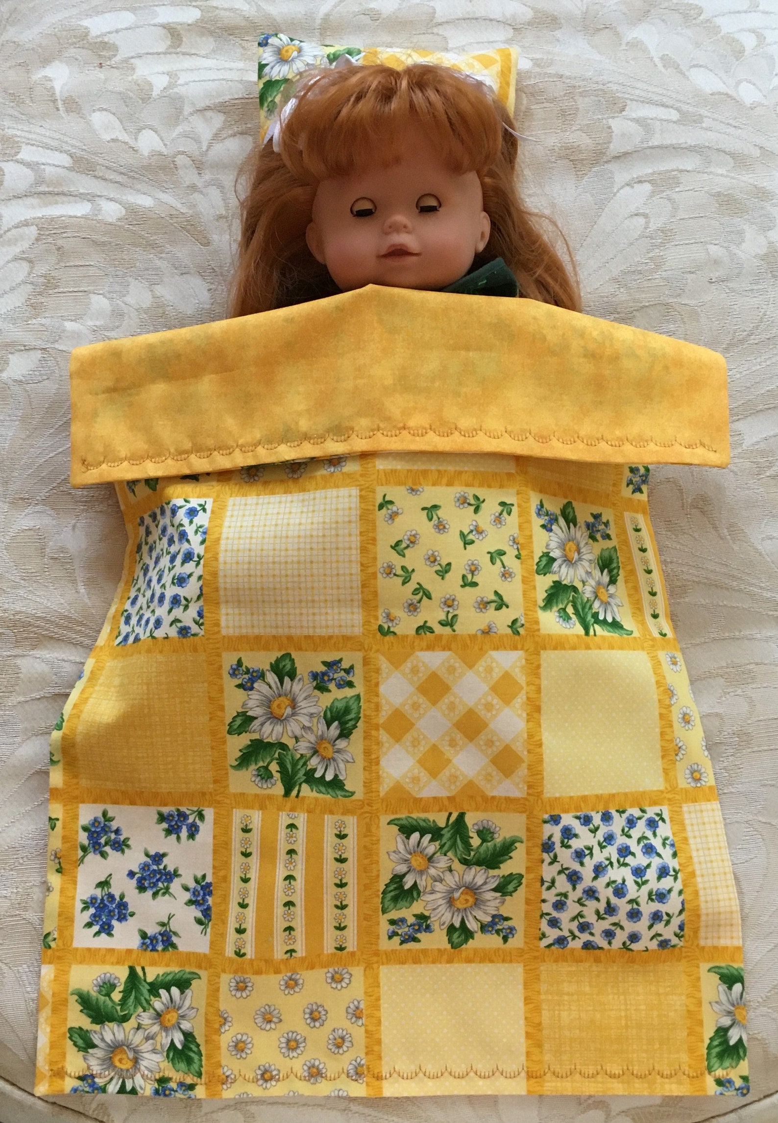Reversible Doll Blanket and Pillow Set Gold Daisy Quilt Etsy