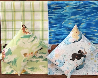 Reversible Doll Blanket and Pillow Sets - Little Surfer Girls - Blue Mermaids - 100% Cotton Fabric - 18" to 20" Dolls