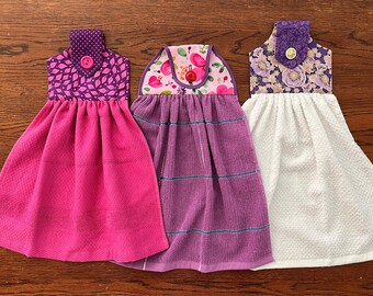 Hanging Kitchen Towels - Purple/Pink Floral Button Towel - Springtime - Pink/Purple Leaves/Flowers - Asian Floral