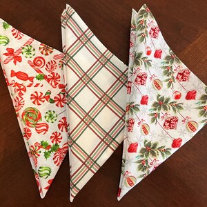 Cloth Christmas Dinner Napkins Set/2 - Peppermint Candy - Red & Green Plaid - Holly + Ornaments - 100% Cotton Fabric