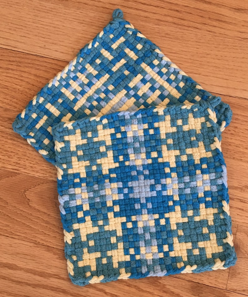 8-12 Trivet XL Woven Cotton Potholder Blues /& Yellow Hot Pad