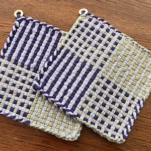XL Woven Cotton Loop Potholder - 8-1/2&quot; Trivet - Hot Pad - Fall Purple Squares