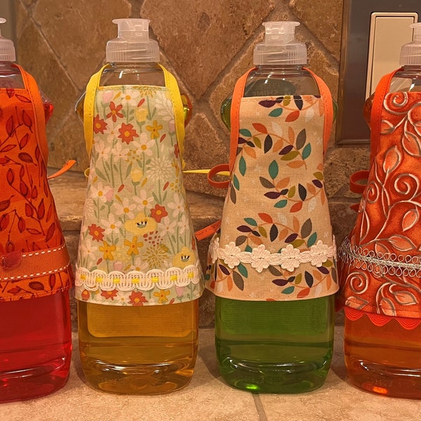 Small Dish Soap Bottle Aprons - Orange/Red Sticks and Leaves - Yellow & Green Wildflowers - Modern Autumn Leaves - Orange/Silver Vines