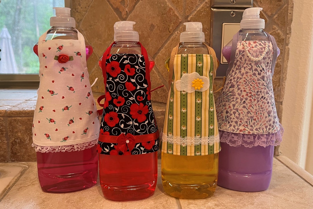 Floral Dish Soap Bottle Aprons Red Rosebuds Red Poppies on Black