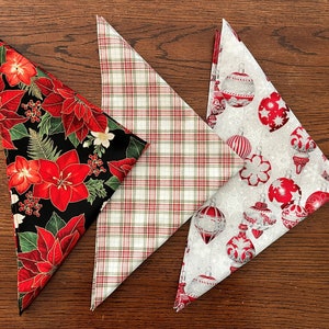 Cloth Christmas Dinner Napkins Set/2 - Christmas Poinsettias - Red & Green Plaid - Red and Silver Ornaments - 100% Cotton Fabric