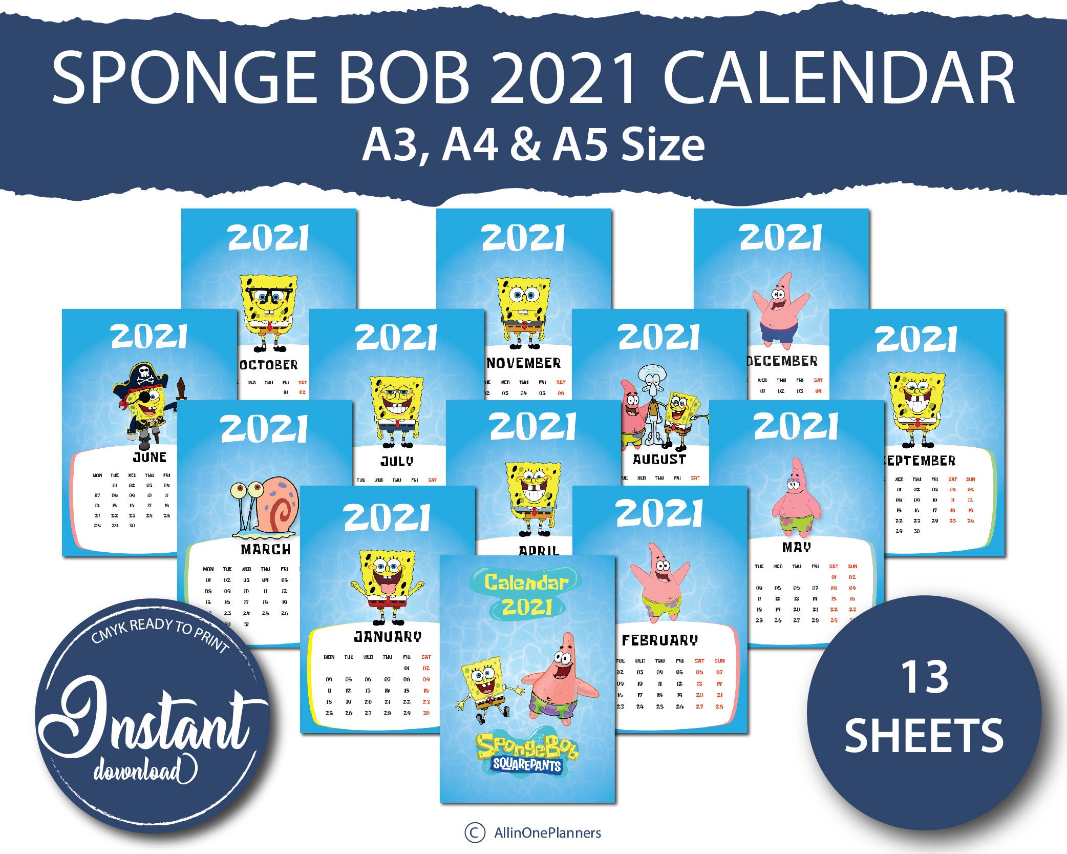 Spongebob Calendar Printable Calendar 2021 New Year | Etsy
