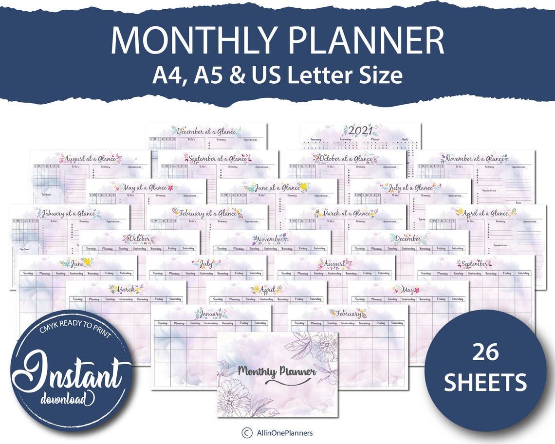 Monthly Planner Printable Monthly Wall Planner Monthly | Etsy