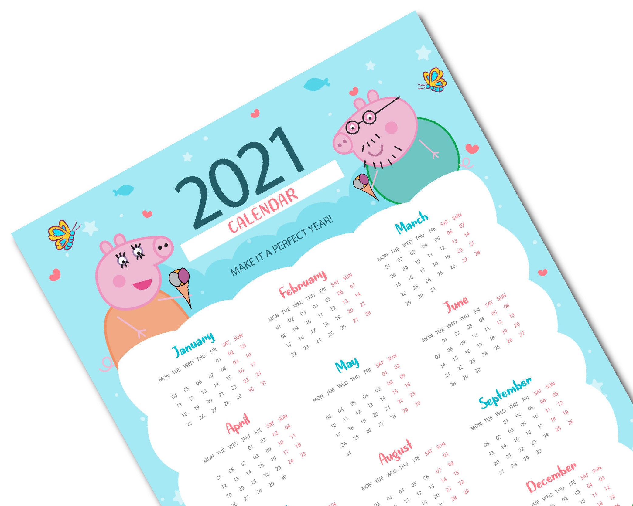 Peppa Pig Gifts Calendar 2021 Printable New Year Calendar | Etsy