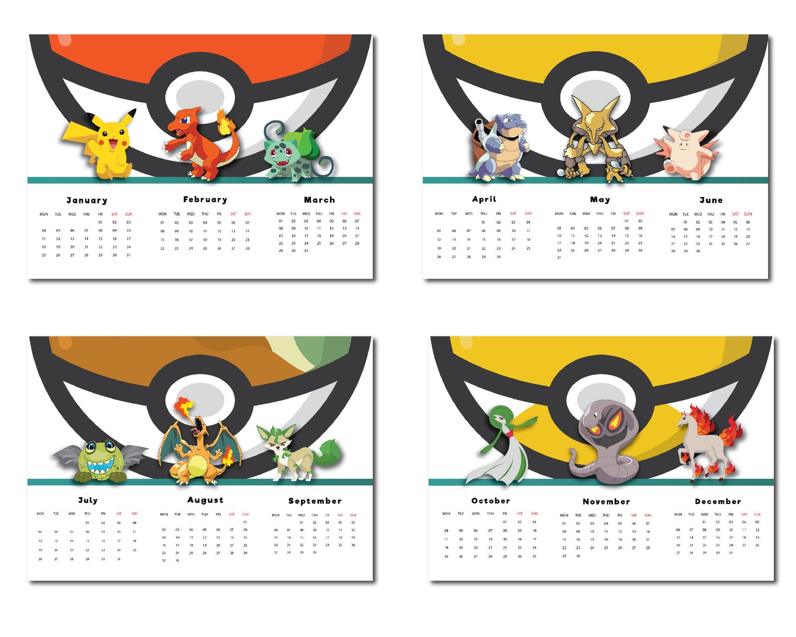 Pokemon Theme Calendar Printable 2021 New Year Pokemon | Etsy