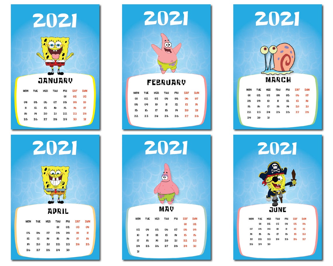 Spongebob Calendar Printable Calendar 2021 New Year | Etsy