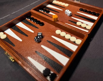 Handsome leather Lancel (Paris) travelling backgammon game from the 1980s