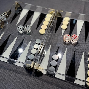 Beautiful ‘80s transparent Lucite backgammon game made by Dapy, Paris