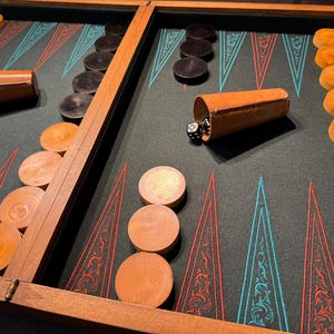Può includere: Un gioco da tavolo del backgammon con cornice e pezzi in legno. La superficie di gioco è verde con segni triangolari rossi e blu. Sono presenti anche coppette per dadi in pelle marrone e dadi. I pezzi del gioco sono marroni e neri.