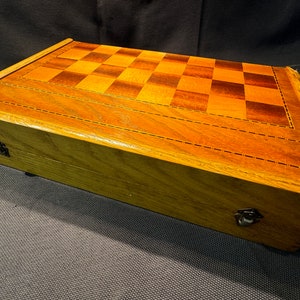 Pretty marquetry and cork chess and backgammon game.  France, 1950s