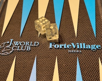 Transparent Lucite backgammon board made for the 'J World Club' visit to Forte Village, Sardinia