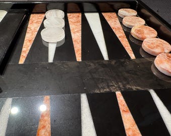 Pretty hand-made rose and white inlaid Italian marble and onyx backgammon board
