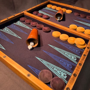 Può includere: Un gioco del backgammon con un piano di gioco blu scuro, adornato con motivi decorativi azzurri e bianchi. La cornice in legno contiene pedine marroni e beige, dadi e coppette per dadi in pelle. Un classico gioco da tavolo.