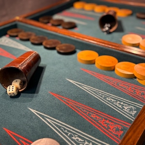 Può includere: Un gioco da tavolo del backgammon con una superficie di gioco verde acqua, cornice in legno e pedine marroni e arancioni. Sono visibili due dadi, insieme a un bicchiere di dadi in pelle. Il tabellone presenta disegni a forma di freccia rossi e bianchi.
