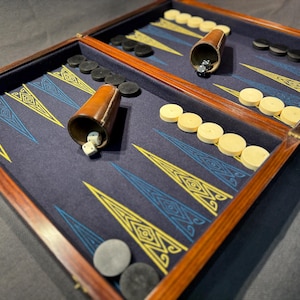 Può includere: Un set di backgammon in legno con una superficie di gioco blu scuro, con disegni geometrici gialli e blu. Il set include pedine chiare e scure, due coppette e dadi. La cornice in legno ha una finitura scura e ricca.
